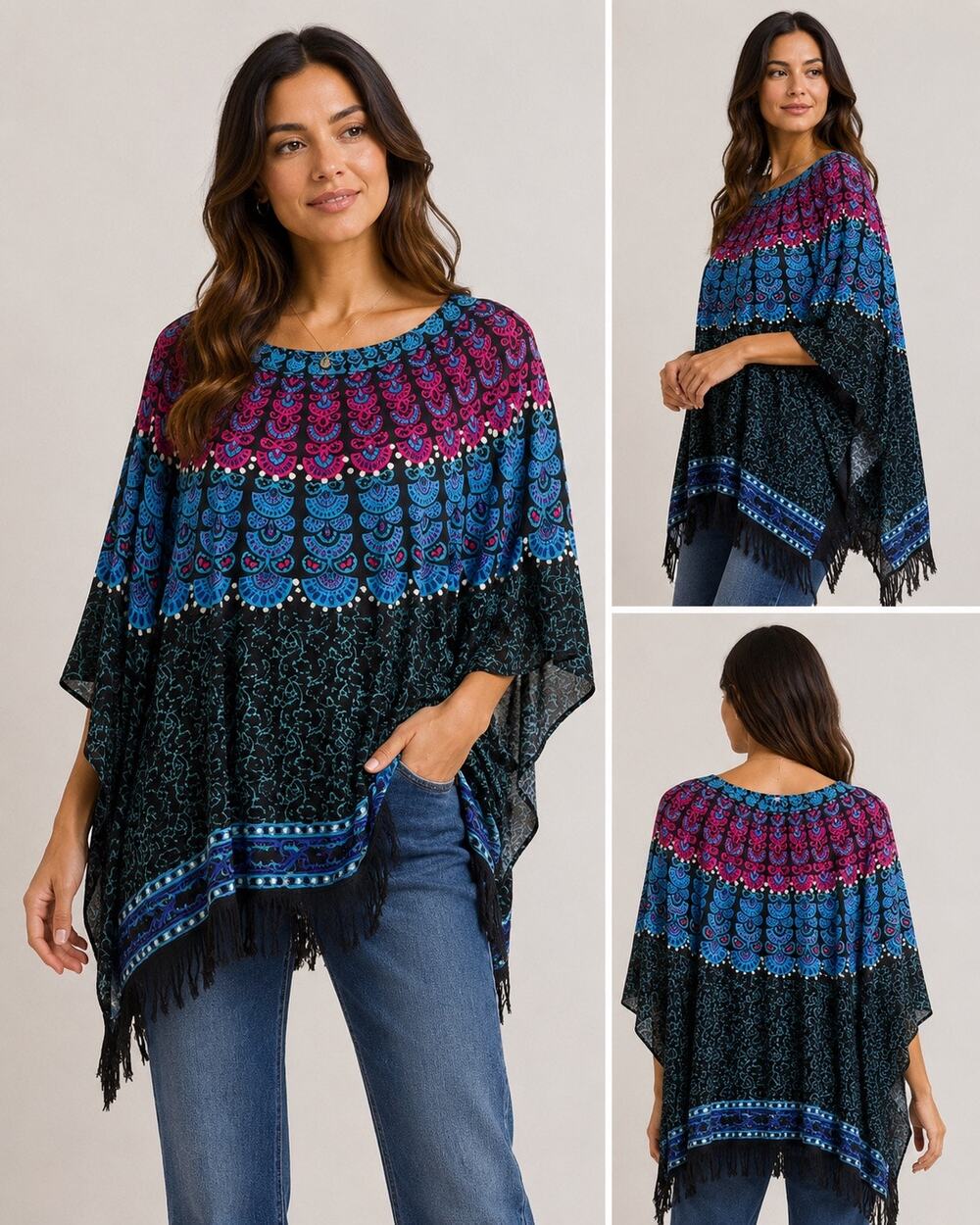 NWT Maui Enchantress Boutique Rayon Sequin Fringe Tunic Top Women One Size Blue